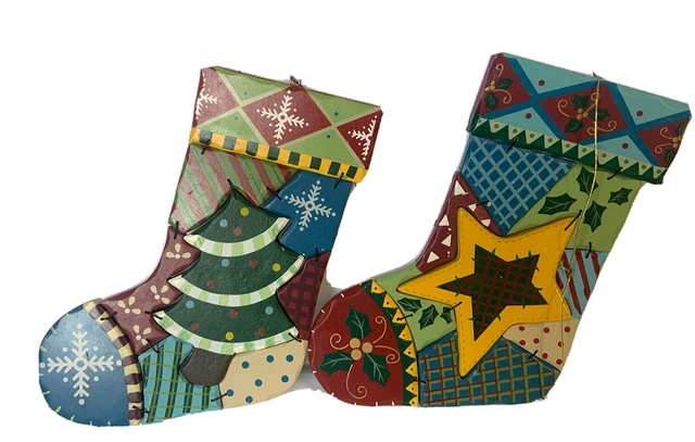 LOT 2 Wood Patchwork Christmas Stocking Primitive Decor Wall Hanging UNIQUE