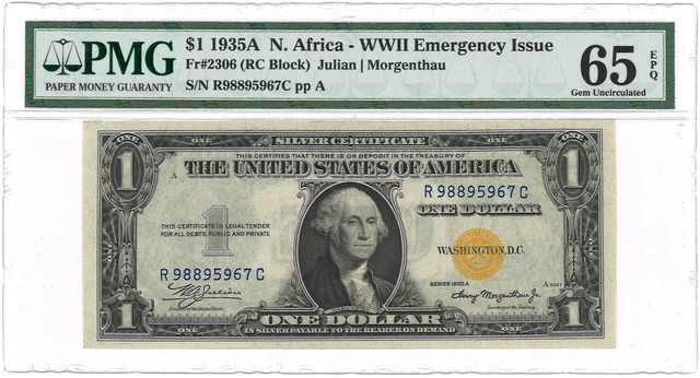 1935A $1 North Africa WWII Emergency Issue Fr#2306 PMG 65 Gem UNC EPQ