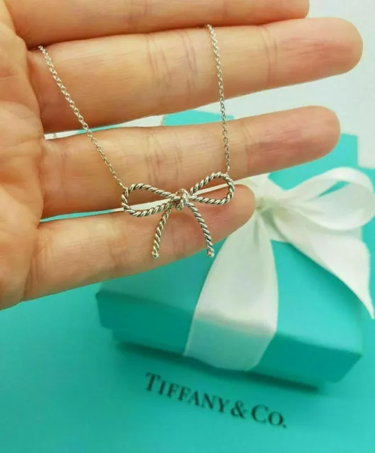 Tiffany & Co. Very Rare Silver LARGE 26mm Twist Bow Ribbon Italy 16" Necklace