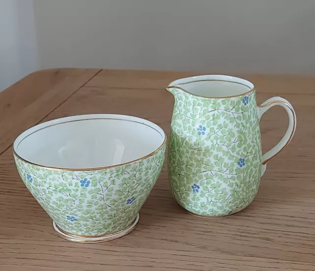 Sampson Smith England Old Royal Green Gold Floral Creamer & Sugar Bowl Chintz