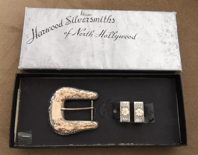 Rare Sterling Silver Gold Harwood SS Hollywood CA Sunset Trails Belt Buckle Set