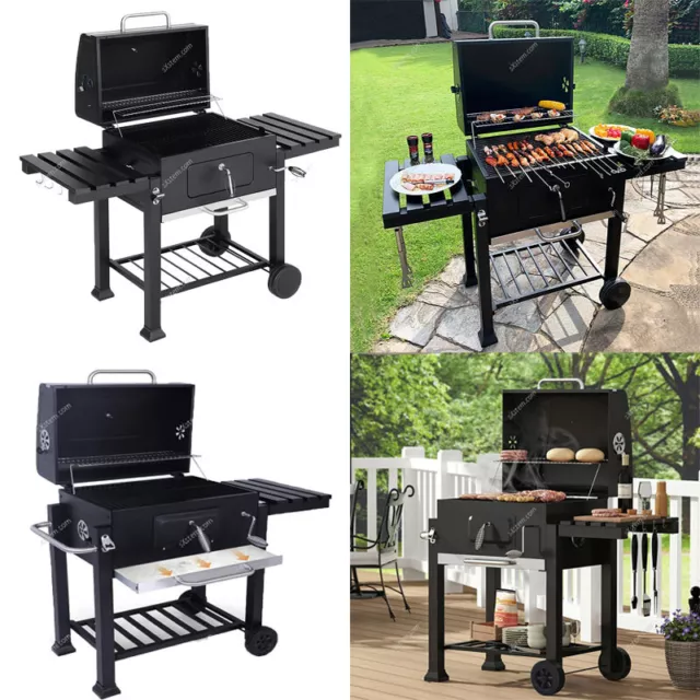 XL/Large Smoker Barbecue Outdoor Charcoal BBQ Grill Portable Wheels Side Table