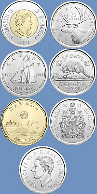 Set of 7 2021 Canadian Coins. Mint UNC Canada Toon $2 Loonie $1 2-50c 25c 10c 5c