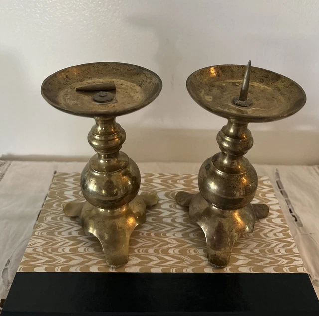 Vintage Pair Of Solid Brass Pillar Spiked Candle Holders Hollywood Regency 5”