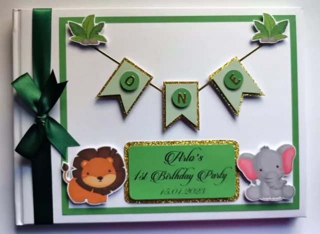 Libro de invitados de cumpleaños de safari personalizado, libro de visitas de safari dorado y verde
