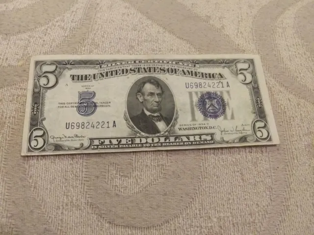 1934 D Five Dollar Bill Silver Certificate - Blue Seal - Above Average Condition