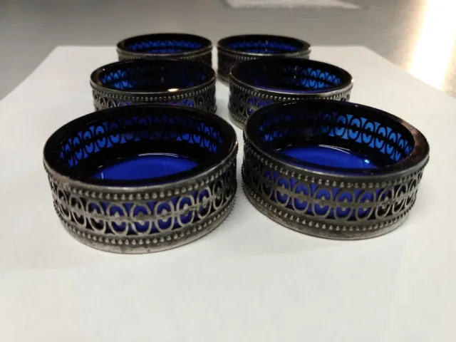 Set of 6 Cobalt Blue Glass Salts with Sterling Liners