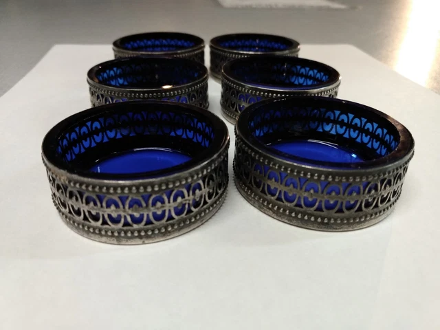 Set of 6 Cobalt Blue Glass Salts with Sterling Liners