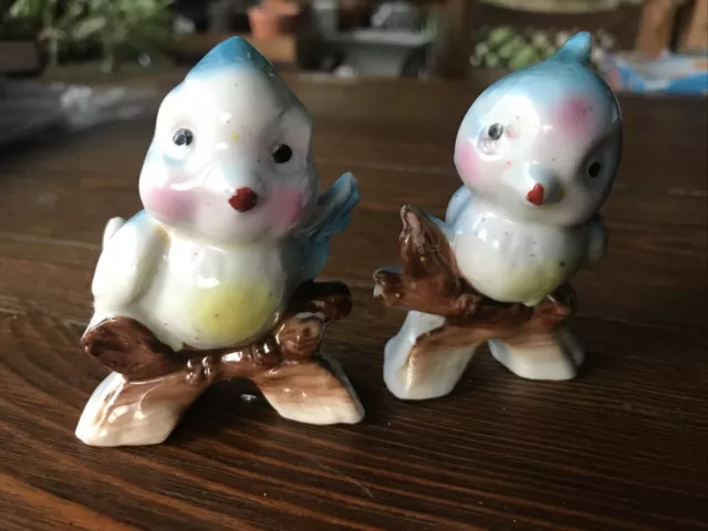 Vintage Japan Porcelain Glazed Blue Birds on Branch Figurine Set of 2