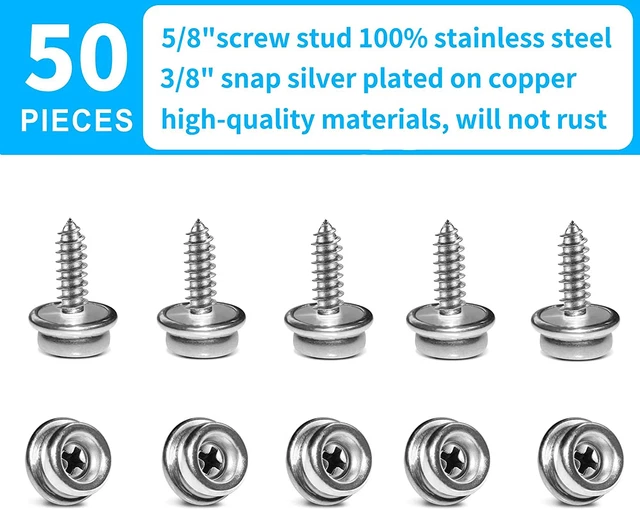 50PCS Stainless Steel Screws Marine Grade Boat Canvas Snaps 3/8"Socket with Stai 2