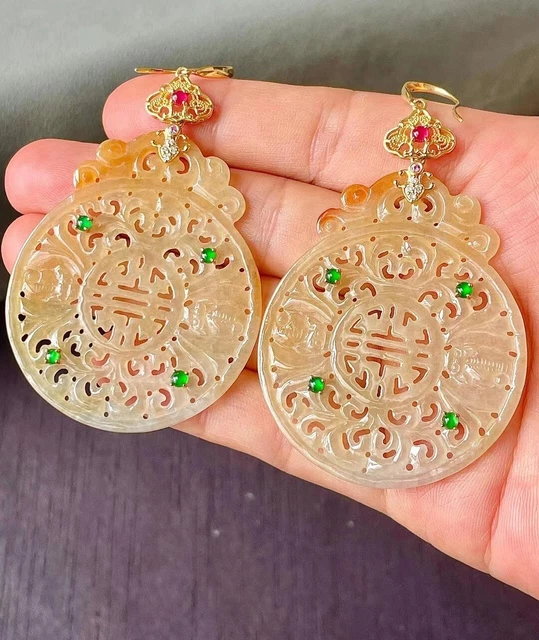 Top Emerald 100% Natural Ice yellow Jadeite jade carved flower earrings earbob