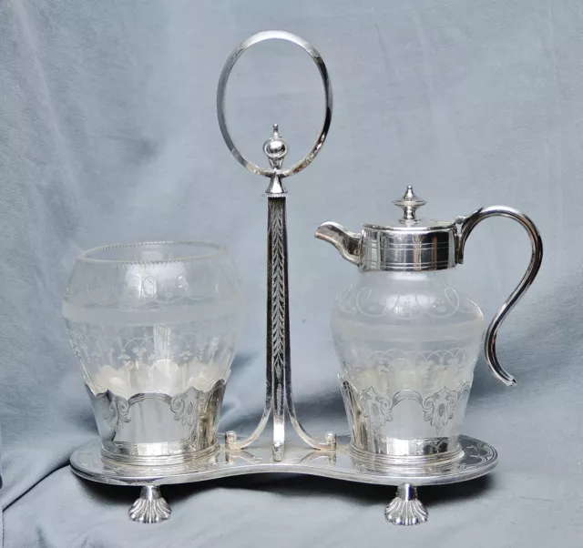 außergewöhnliches Jugendstil Zucker- & Milchset, Glas, versilbert, Ständer, 1900