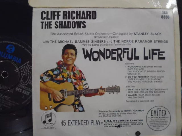 CLIFF RICHARD & SHADOWS E.P " WONDERFUL LIFE   " EX+ COND. IN Or. PIC SL. 2