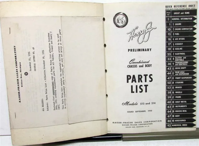 1951 Kaiser Frazer Henry J Dealer Preliminary Parts List Models 513 514 2