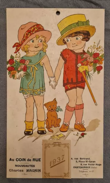 Ancien Calendrier Publicitaire 1937 Dessin Petites Filles