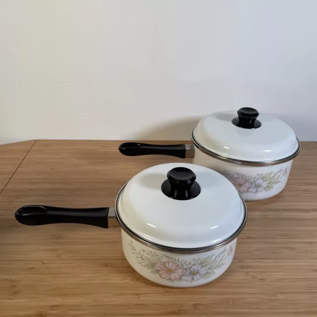 8 piece Vintage Enamel Floral Cookware wooden handle pots and pans with lids