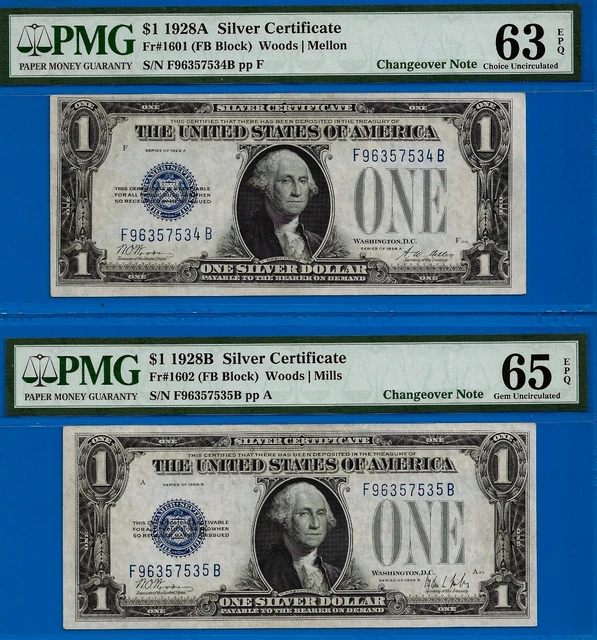 ✅ 1928-A / 1928-B $1 S/C ➡️ FB Block 🔴 Changeover Pair ⬅️ PMG 65 & 63EPQ