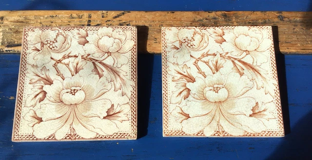 Pair FLORAL DESIGN ENGLISH VICTORIAN TILE MAGNOLIA Peony Reg. DESIGN MAW