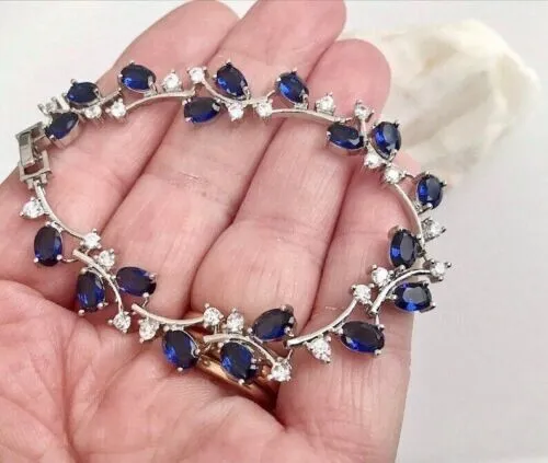 14K White Gold Plated Silver Lab Created Blue Sapphire Women's Tennis Bracelet