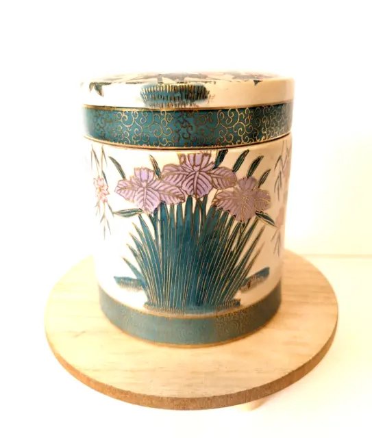 Vintage Chinese Floral Jar Lid Ceramic Porcelain Iris Cloisonne Style Brass Inla