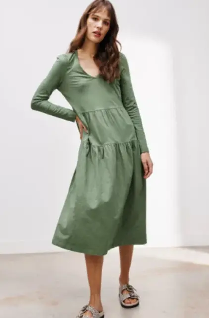 AND/OR John Lewis Jersey Dress Size 16 Green Tiered V Neck Long Sleeve NWT RP£59