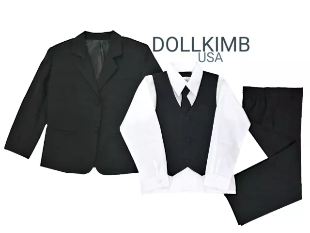 Boys Formal Black Suit 5 Pieces Set Toddler Size 6M to 14, 20. Slim Straight