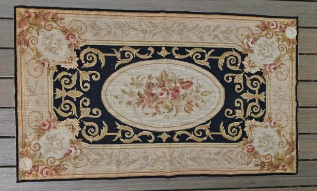 Vintage 3x5ft French Aubusson Area Rug Hand Knotted - Pink Green Black