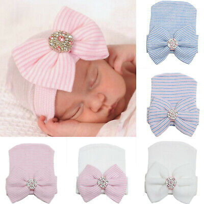 Newborn Baby Girl Infant Striped Soft Hat with Bow Cap Hospital Beanie Headband