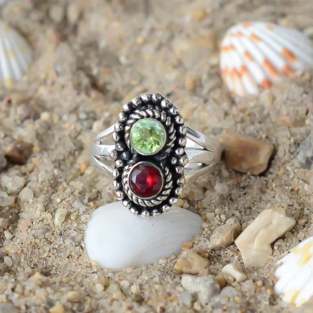 925 Sterling Silver Peridot & Garnet Natural Gemstone Handmade Ring All Size