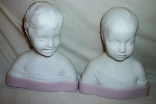 Limoges French Children Busts Bisque Porcelain Pink  Boy Girl Mid Century Marked