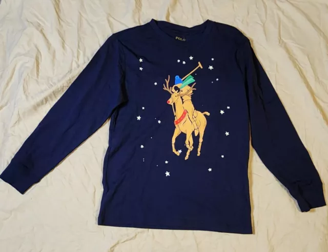 Polo Ralph Lauren Boys Shirt Long Sleeve Size M Blue pullover Reindeer holiday