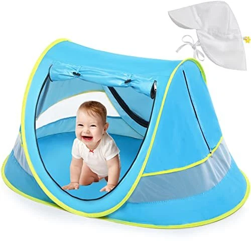 Baby Beach Tent with Baby Hat, Pop Up Toddler Travel Tent with Sun Hat for