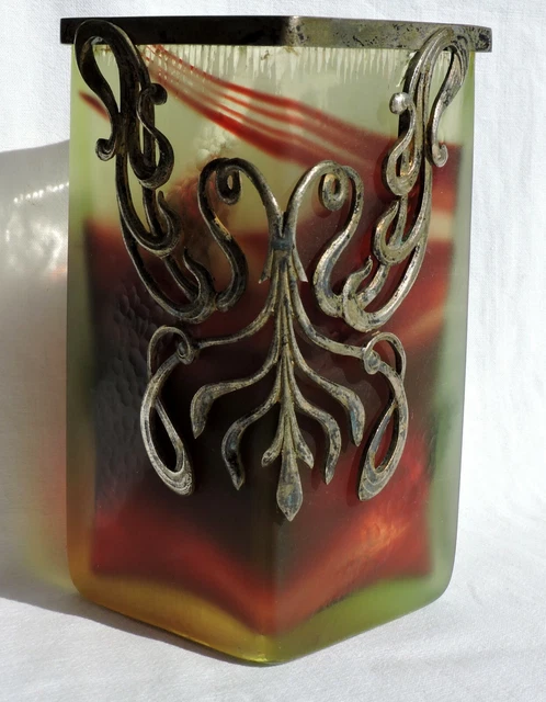 Vase Art Nouveau Carre Avec Monture Verrerie D'art De Lorraine Burgun Schverer