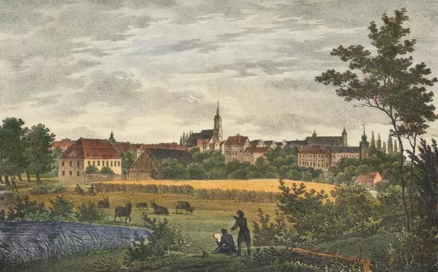 GLAUCHAU - Gesamtansicht - Saxonia - kol. Lithographie um 1840