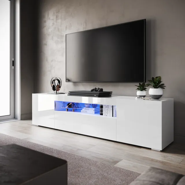 200cm High Gloss White TV Stand Cabinet Unit Doors Storage with RGB LED Cupboard
