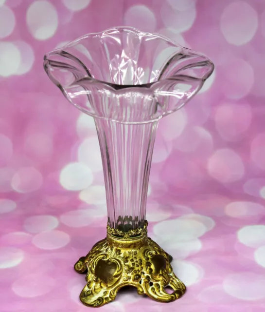 Beautiful Vintage Art Nouveau 1930s Leaded Glass Vase Gilt Ormolu Base Antique