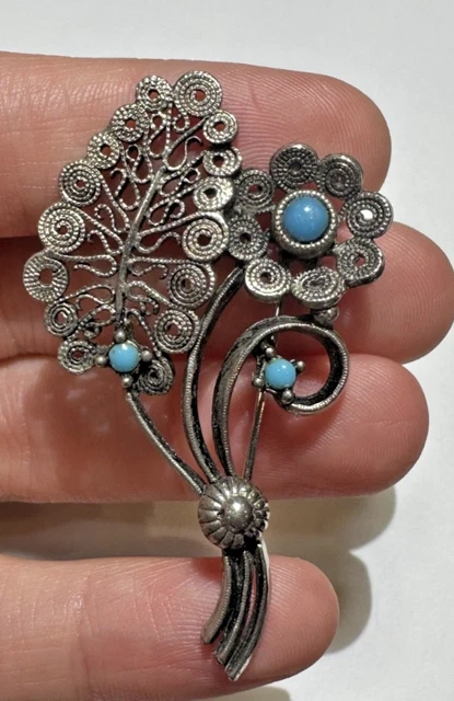 Broche Fleur En Argent Massif, Travail Filigrane Et émaillé - Occasion - Bijou Vintage