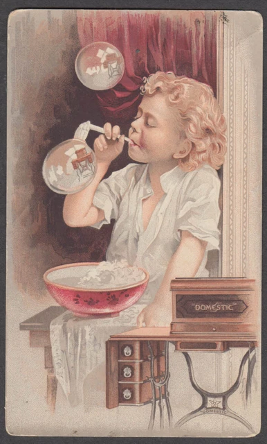 Domestic Sewing Machine trade card 1880s blonde girl blowing bubbles