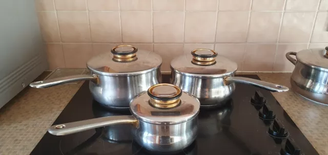 DEMEYERE SET OF 3 x INCA GOLD SAUCEPANS BRINOX SAUCE PANS WITH LIDS