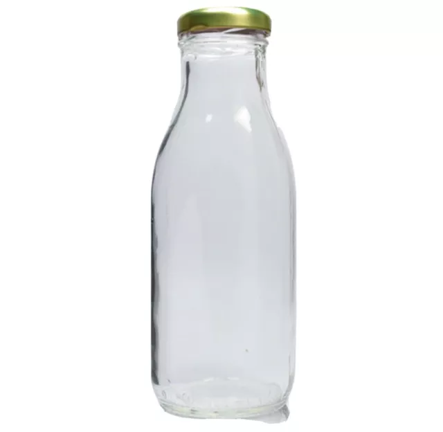 300ml Retro Glass MILK or JUICE BOTTLE with Gold LIDS (Pack 6)