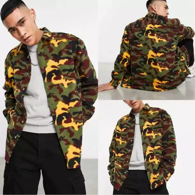 New ASOS DESIGN 90s oversized polar fleece shacket in brown camoflauge print med