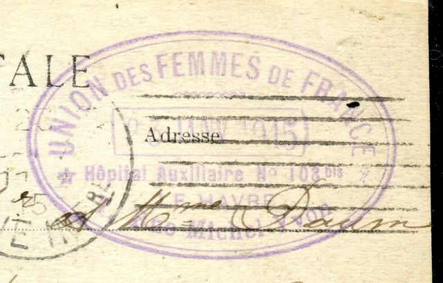 Cachet de l'Hôpital Auxiliaire 108 Bis du Havre sur carte postale en fm en 1915