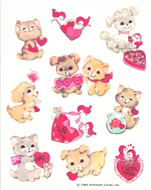Vintage Hallmark Christmas Stickers One Sheet Valentine Kittens and Puppies 1980