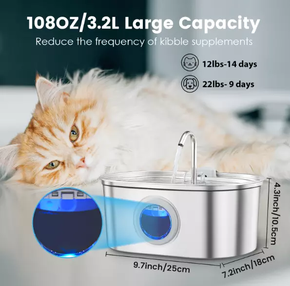 HAPPY HACHI™️ Stainless Steel Cat Dog Water Fountain 3.2L Automatic Pet Fountain 3