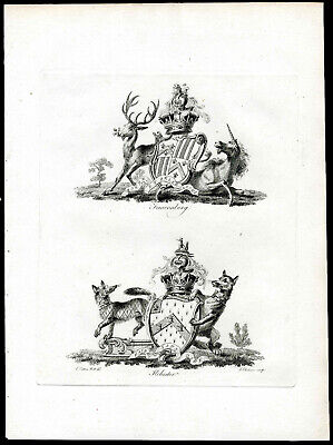 1790 COAT ARMS, CRESTS, Catton Antique Heraldry Mythological Unicorn, Fauconbery