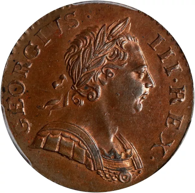 Great Britain George Iii  1770 Half Penny, Uncirculated,  Pcgs Certified Ms64-Bn