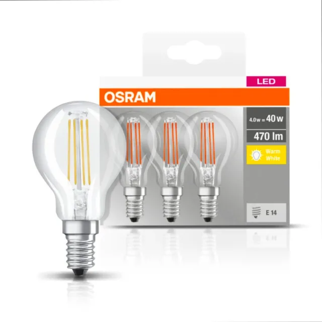 3 x Osram LED Filament Leuchtmittel Tropfen 4W = 40W E14 klar warmweiß 2700K