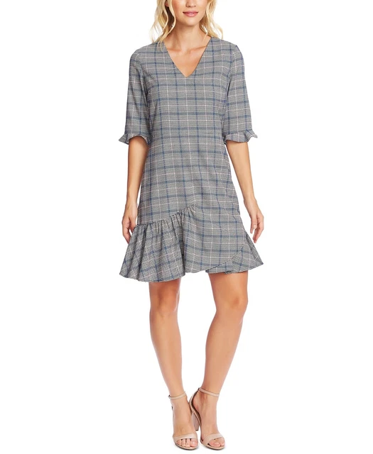 CeCe Women's Plaid V-Neck Flounce Dress Gray Size 10