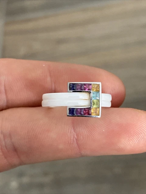 GUY LAROCHE BAGUE Anneaux Jonc OR 18k 750 CERAMIQUE Pierre