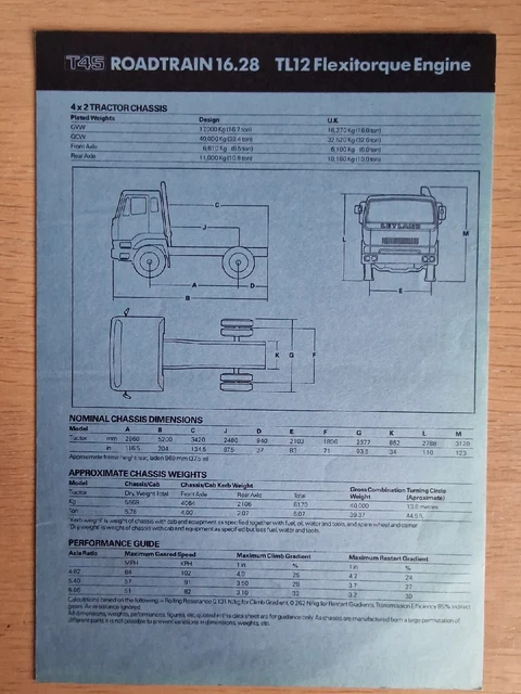 LEYLAND T45 ROADTRAIN 16.28 Tractor Specifications Brochure. Mid 80's £